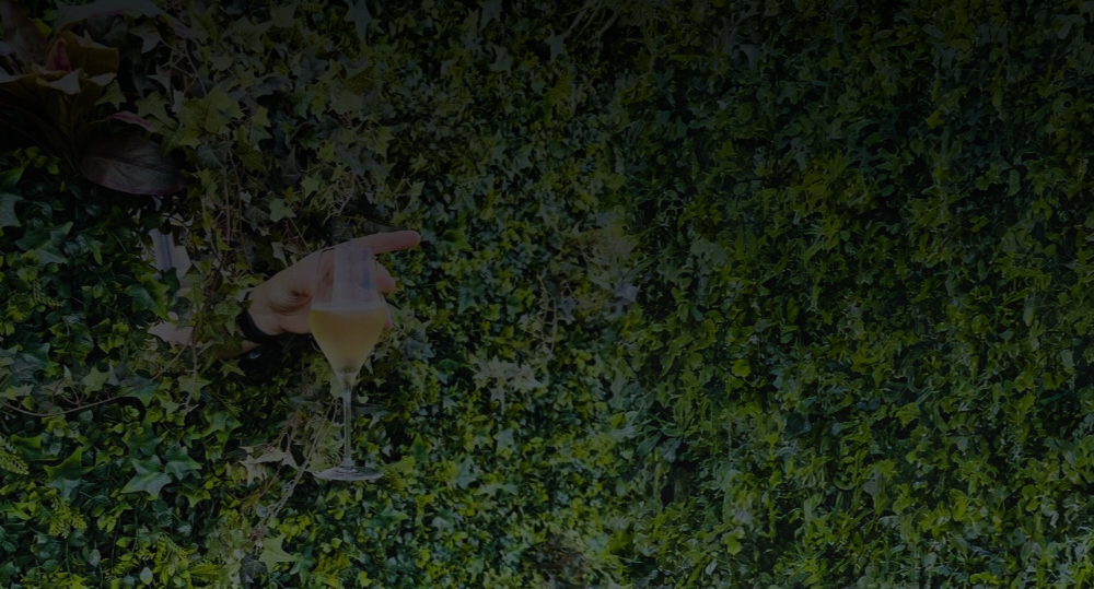 Verre de champagne aperçu à travers une haie lors d’un événement Oevent